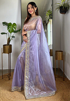 Embroidered Border Tissue Silk Saree in Purple