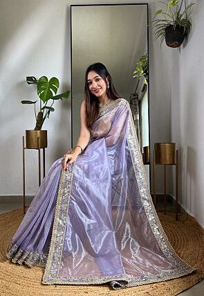 Embroidered Border Tissue Silk Saree in Purple