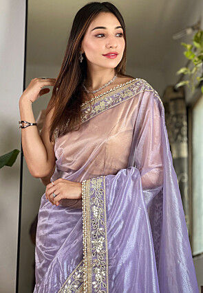 Embroidered Border Tissue Silk Saree in Purple