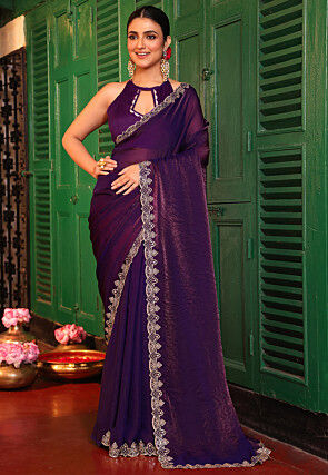 Embroidered Border Tissue Silk Saree in Purple