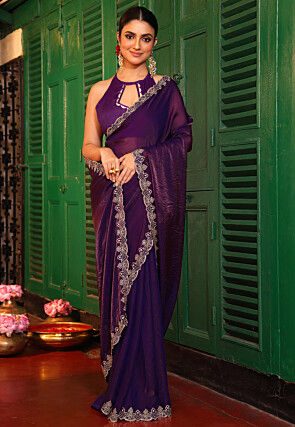 Embroidered Border Tissue Silk Saree in Purple