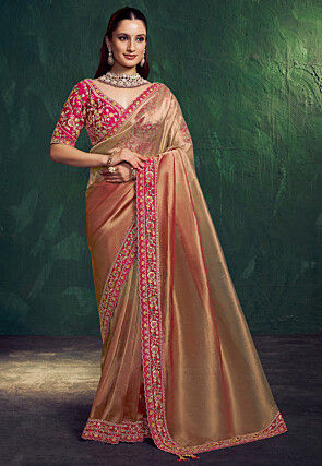 Embroidered Border Tissue Silk Saree in Rose Gold
