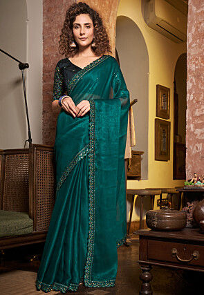 Embroidered Border Tissue Silk Saree in Teal Blue