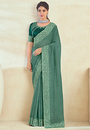 Embroidered Border Chiffon Saree in Green
