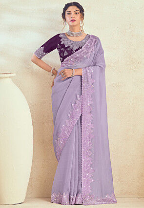 Embroidered Border Chiffon Saree in Light Purple