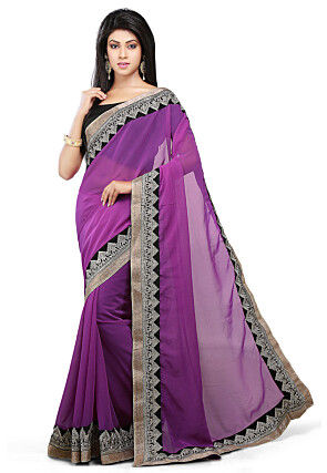 Embroidered Bordered Chiffon Saree in Purple
