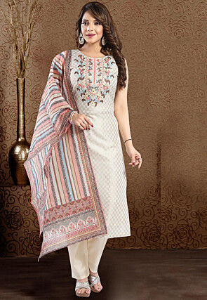 Embroidered Brocade Pakistani Suit in Off White