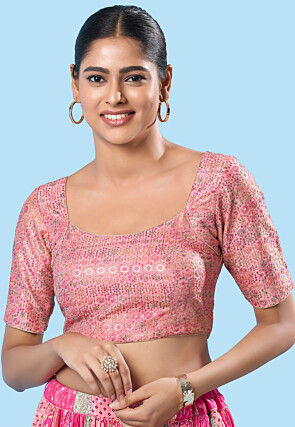 Embroidered Brocade Silk Blouse in Light Pink