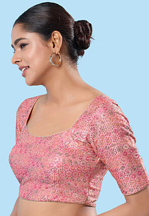 Embroidered Brocade Silk Blouse in Light Pink