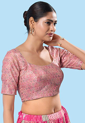 Embroidered Brocade Silk Blouse in Light Pink