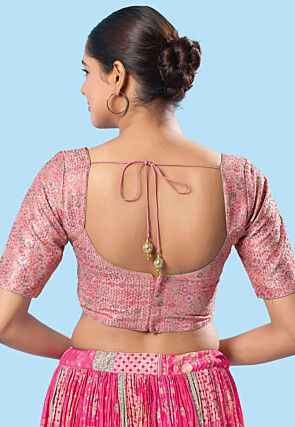 Embroidered Brocade Silk Blouse in Light Pink