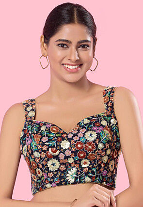 Embroidered Brocade Silk Blouse in Navy Blue