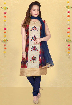 Embroidered Brocade Silk Straight Suit in Light Beige and Red