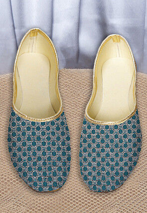 Embroidered Brocade Women Jutti in Teal Blue