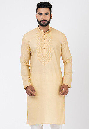 Embroidered Cambric Cotton Kurta in Beige