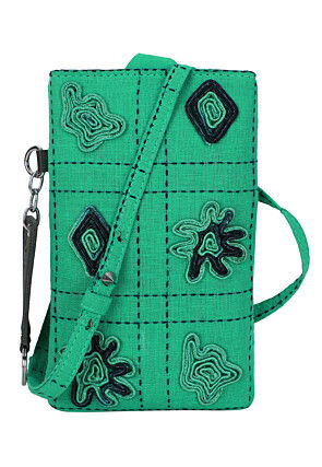 Embroidered Canvas Mobile Pouch in Teal Green
