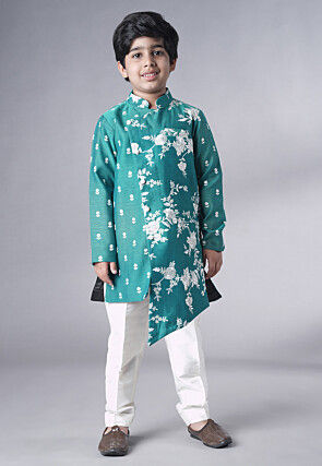 Embroidered Ch Sherwani Set in Teal Green