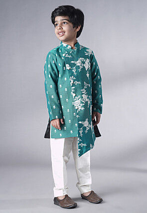 Embroidered Ch Sherwani Set in Teal Green