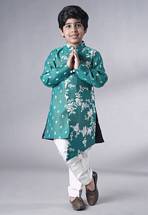 Embroidered Ch Sherwani Set in Teal Green