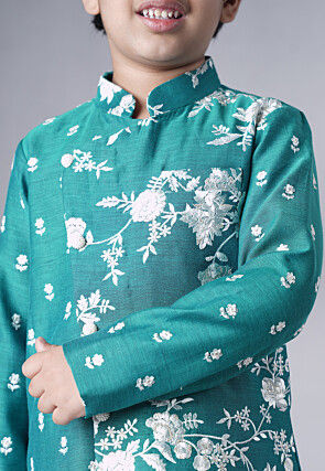 Embroidered Ch Sherwani Set in Teal Green