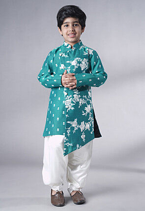 Embroidered Ch Sherwani Set in Teal Green