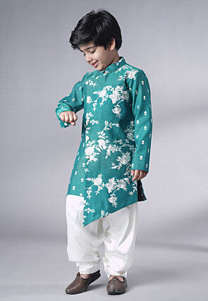 Embroidered Ch Sherwani Set in Teal Green
