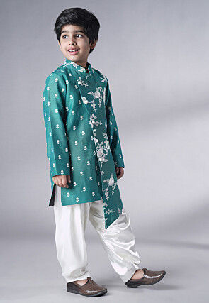 Embroidered Ch Sherwani Set in Teal Green