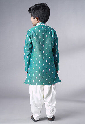 Embroidered Ch Sherwani Set in Teal Green