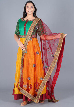 Embroidered Chanderi Cotton Abaya Style Suit in Green and Mustard