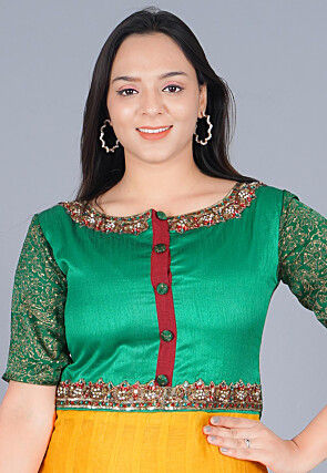 Embroidered Chanderi Cotton Abaya Style Suit in Green and Mustard