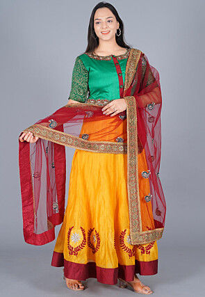 Embroidered Chanderi Cotton Abaya Style Suit in Green and Mustard