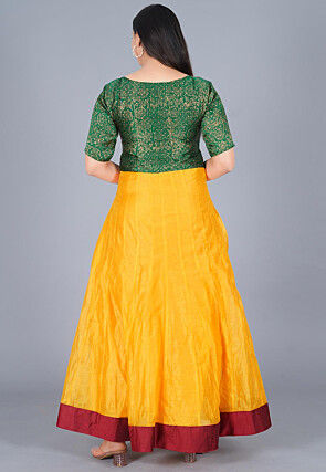 Embroidered Chanderi Cotton Abaya Style Suit in Green and Mustard