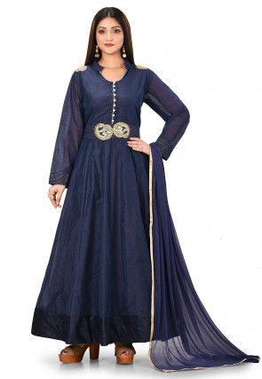 Embroidered Chanderi Cotton Abaya Style Suit in Navy Blue