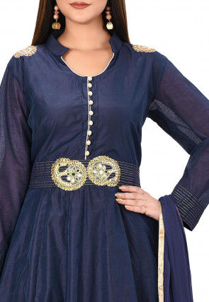 Embroidered Chanderi Cotton Abaya Style Suit in Navy Blue