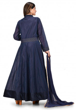 Embroidered Chanderi Cotton Abaya Style Suit in Navy Blue