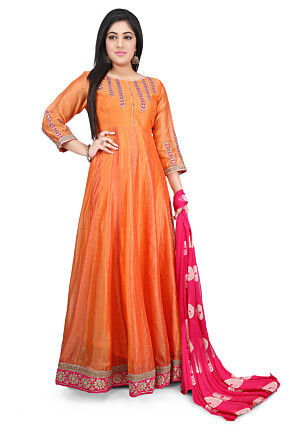 Embroidered Chanderi Cotton Abaya Style Suit in Orange