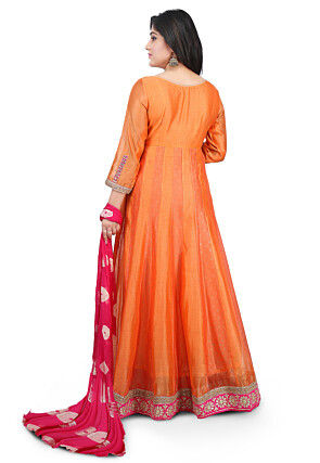 Embroidered Chanderi Cotton Abaya Style Suit in Orange