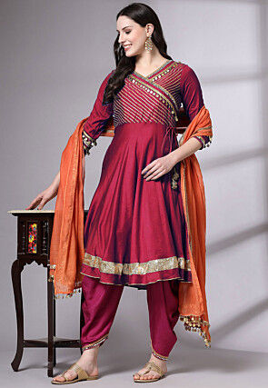 Embroidered Chanderi Cotton Aline Suit in Magenta