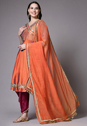 Embroidered Chanderi Cotton Aline Suit in Orange