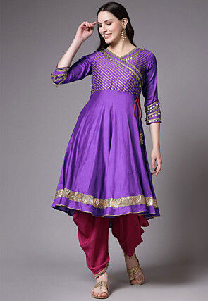 Embroidered Chanderi Cotton Aline Suit in Purple