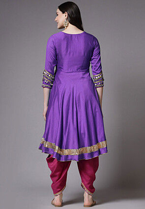 Embroidered Chanderi Cotton Aline Suit in Purple