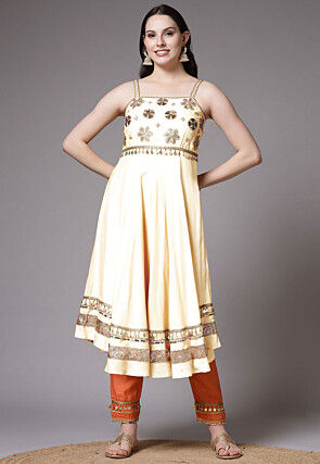 Embroidered Chanderi Cotton Anarkali Suit in Cream