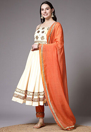 Embroidered Chanderi Cotton Anarkali Suit in Cream