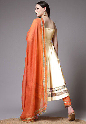 Embroidered Chanderi Cotton Anarkali Suit in Cream