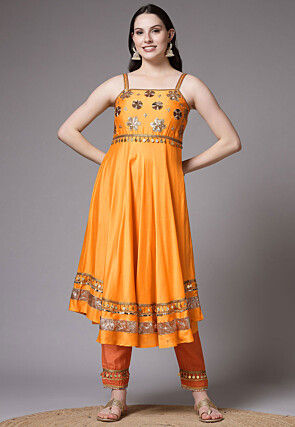 Embroidered Chanderi Cotton Anarkali Suit in Mustard