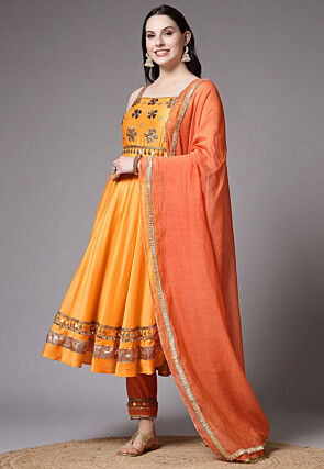 Embroidered Chanderi Cotton Anarkali Suit in Mustard