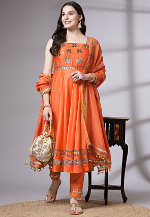 Embroidered Chanderi Cotton Anarkali Suit in Orange
