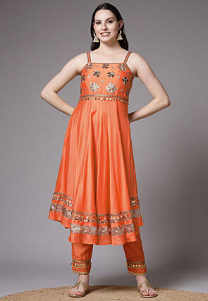 Embroidered Chanderi Cotton Anarkali Suit in Orange