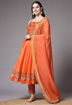 Embroidered Chanderi Cotton Anarkali Suit in Orange