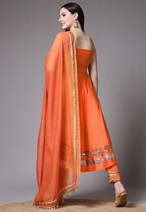 Embroidered Chanderi Cotton Anarkali Suit in Orange